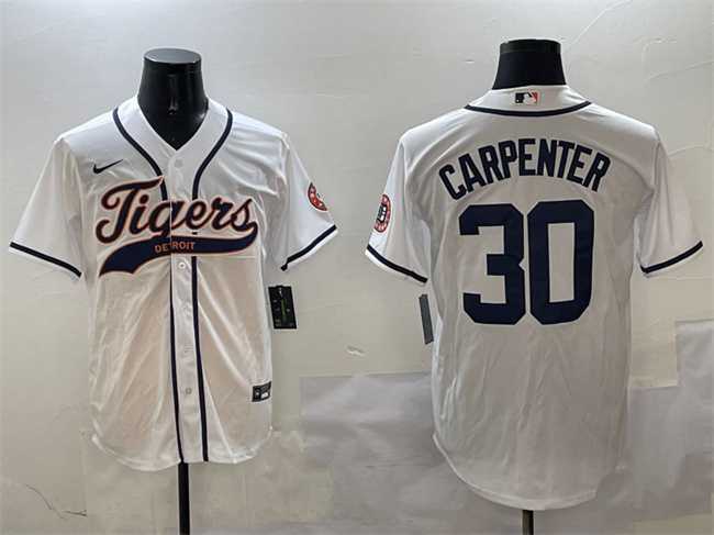 Mens Detroit Tigers #30 Kerry Carpenter White With Patch Cool Base Stitched Jersey